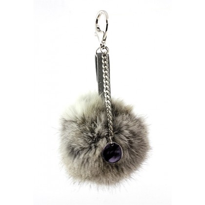 Key Chain - 12 PCS - Rabbit Fur Pom Pom w/ Metal Disc - Gray - KC-YQ003GY